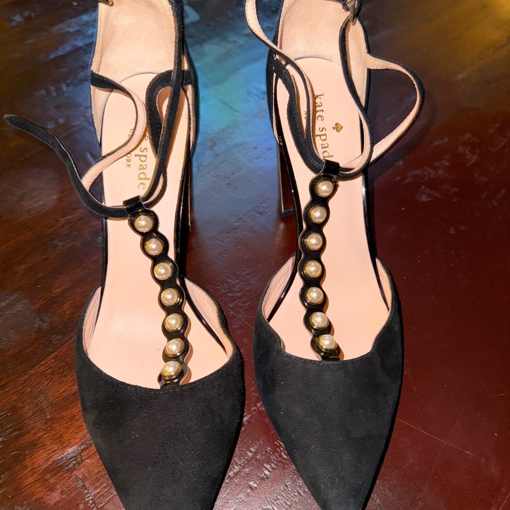 Kate Spade Black Suede Heels with Gold Accents and Pearl